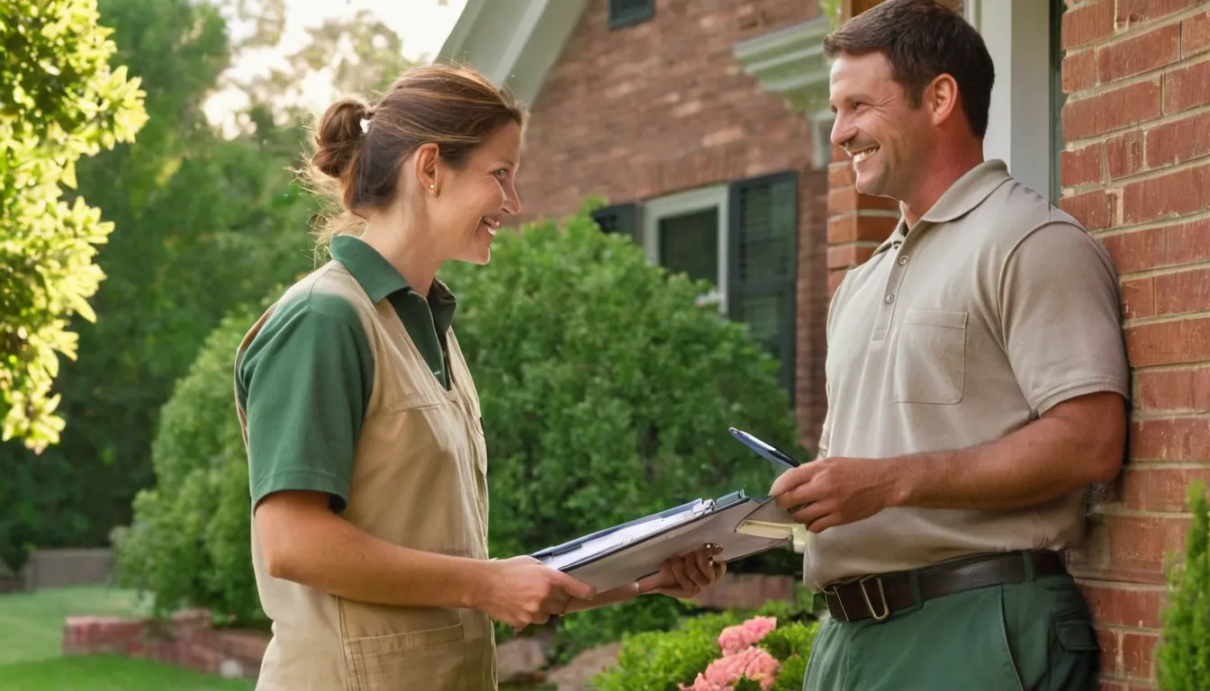 A friendly pest control provider talking with a homeowner at a front door in Powder Springs